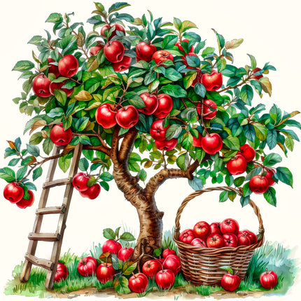 Illustration of an apple tree with a basket of apples and a ladder fabric panel