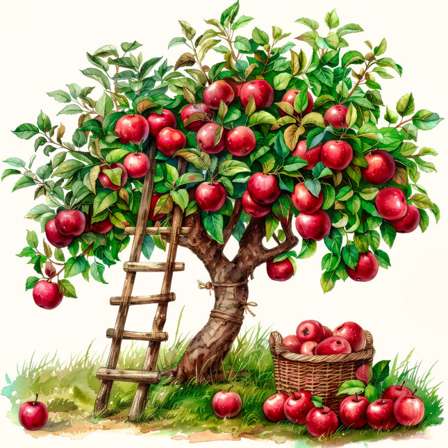 apple tree with a basket of apples and a ladder fabric panel