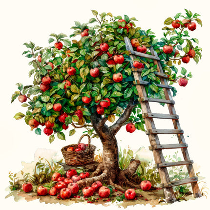 Illustration of an apple tree with a ladder and basket quilt panel