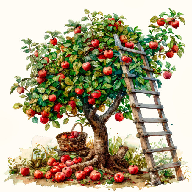 Illustration of an apple tree with a ladder and basket quilt panel