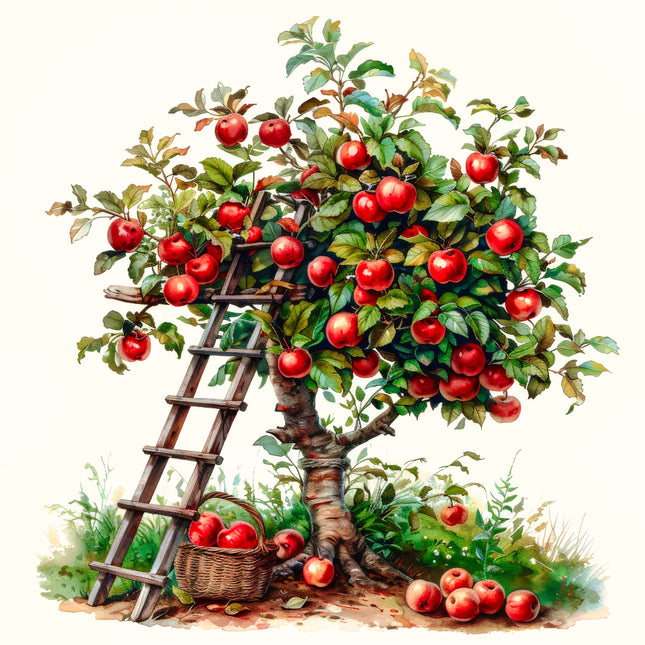 Illustration of an apple tree with a ladder and basket fabric panel