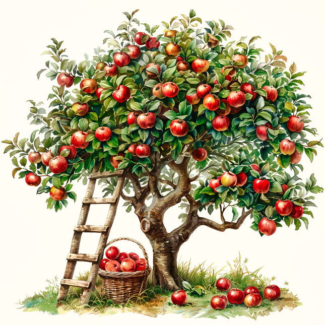 Illustration of an apple tree with a ladder and basket full of apples fabric panel