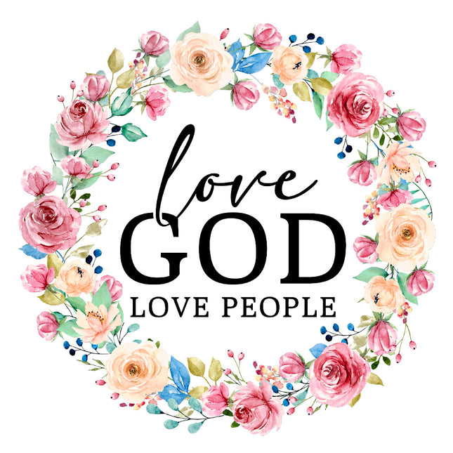 Floral wreath with 'love GOD LOVE PEOPLE' fabric panel