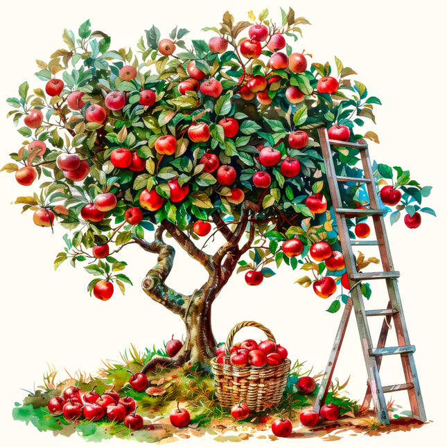 apple tree with a basket and ladder quilt panel