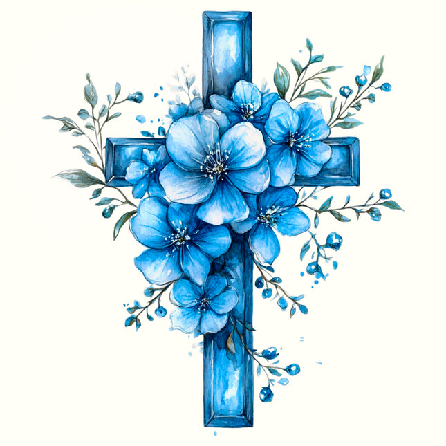 Blue Floral Cross 100% Cotton Fabric Panel Block EE2215