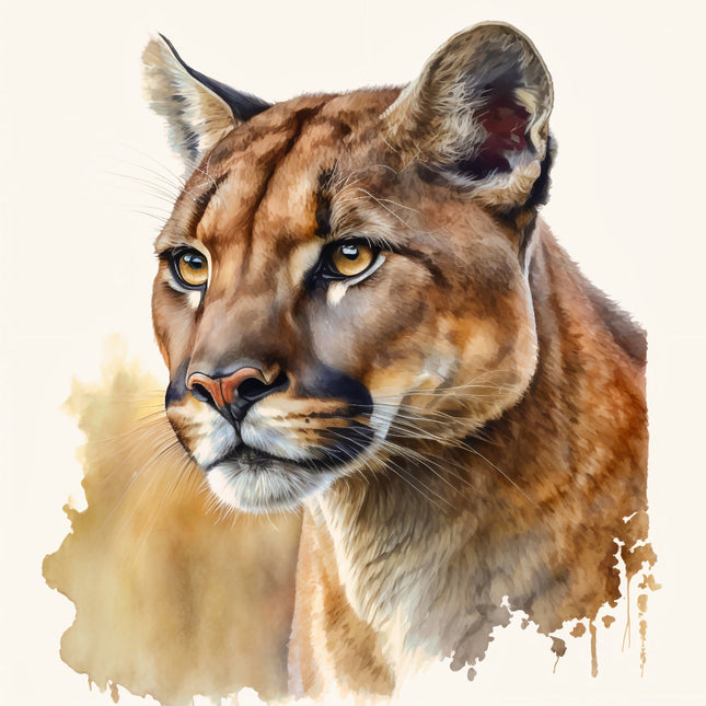 Artistic depiction of a cougar's face with watercolor texture on a white background fabric
