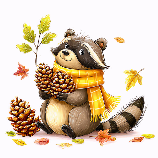 Illustration of a raccoon wearing a yellow scarf holding a pine cone with autumn leaves in the background fabric