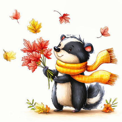 Illustration of a badger wearing an orange scarf holding autumn flowers with falling leaves on a white background fabric block