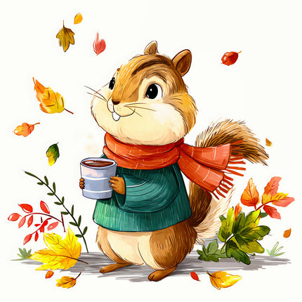 Illustration of a squirrel in a green sweater and orange scarf holding a cup, surrounded by autumn leaves fabric