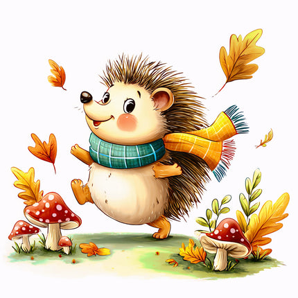 Cartoon hedgehog in an autumn setting with leaves and mushrooms fabric panel