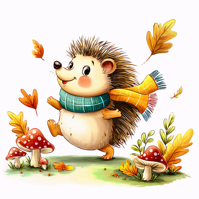 Cartoon hedgehog in an autumn setting with leaves and mushrooms fabric panel