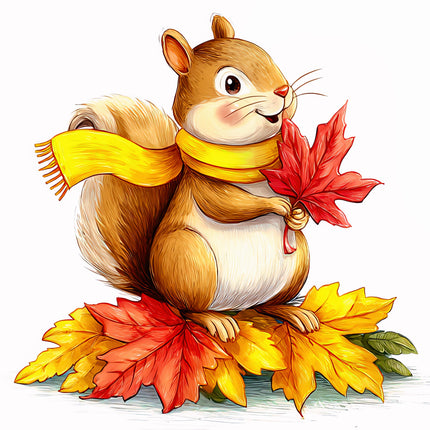 Illustration of a squirrel with a yellow scarf and red leaf, surrounded by autumn leaves on a white background fabric