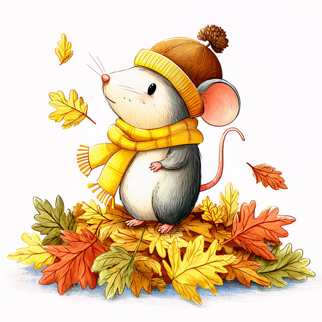 Illustration of a mouse in autumn-themed clothing surrounded by leaves fabric