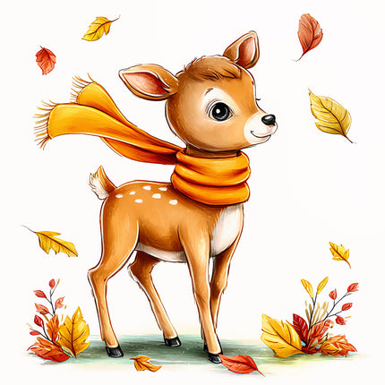 Illustration of a deer wearing an orange scarf with autumn leaves around fabric panel