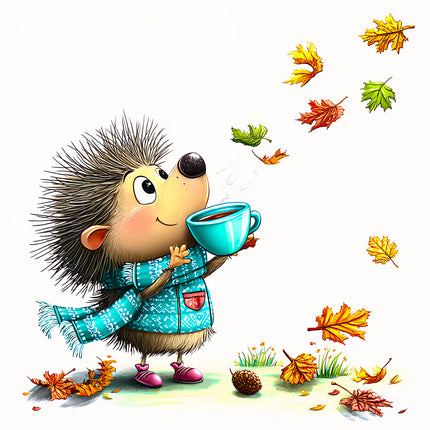 Fall Autumn Hedgehog 100% Cotton Fabric Panel Block EE2324