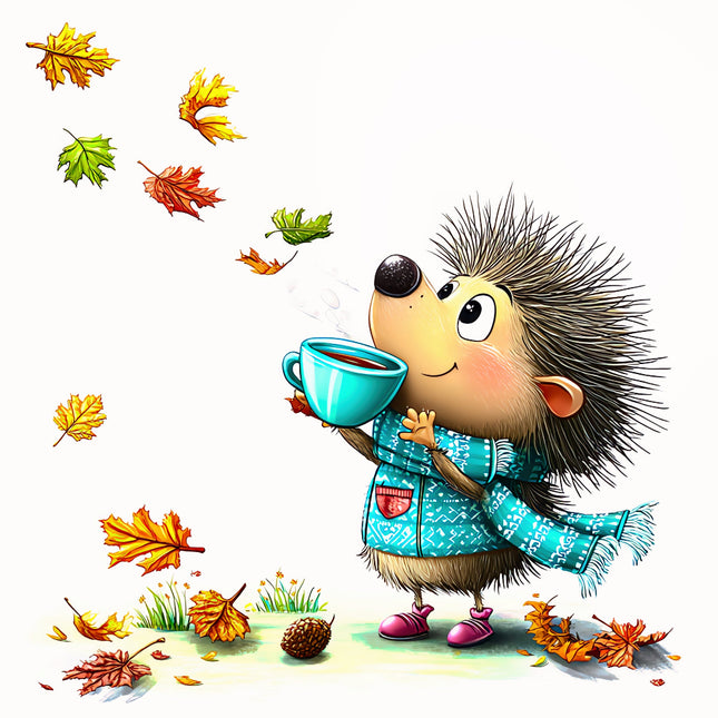 Illustration of a hedgehog holding a mug with autumn leaves falling around it fabric panel