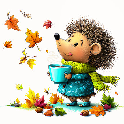 Illustration of a hedgehog in an autumn setting with leaves and a cup fabric