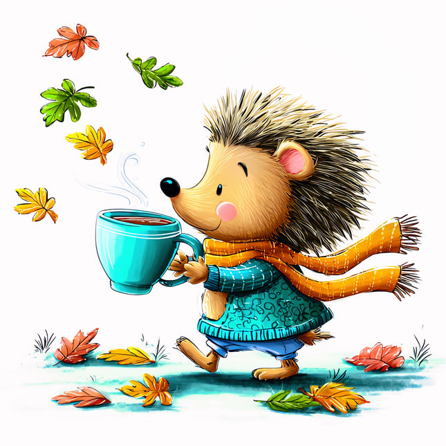 Illustration of a hedgehog holding a mug with autumn leaves around fabric panel