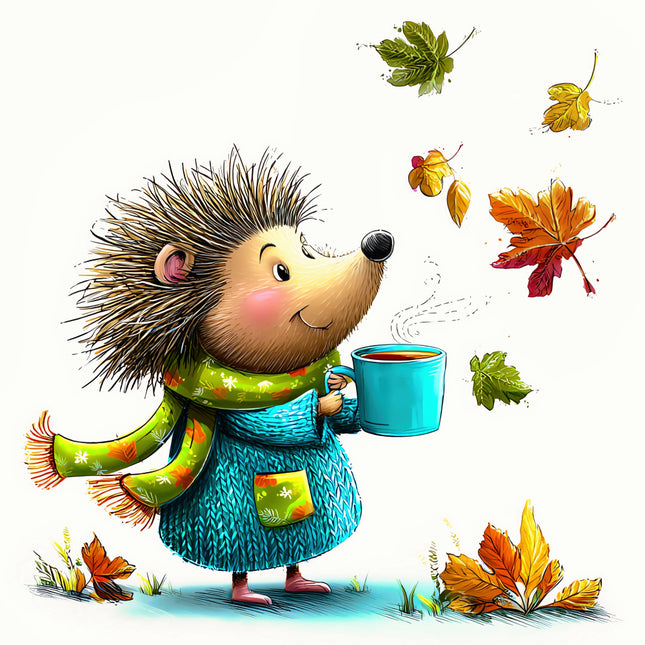 Illustration of a hedgehog in an autumn setting with leaves and a cup of tea fabric panel
