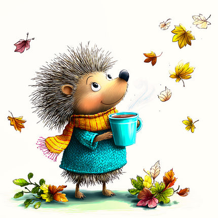 hedgehog in a coat holding a mug with autumn leaves around fabric panel