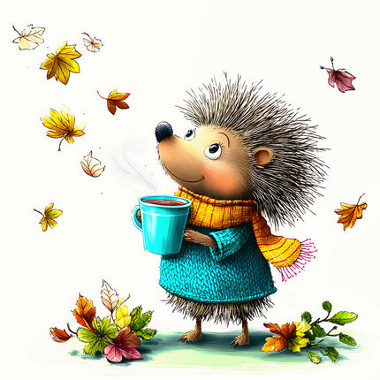 Hedgehog in a blue coat and yellow scarf holding a blue mug with autumn leaves and flowers fabric