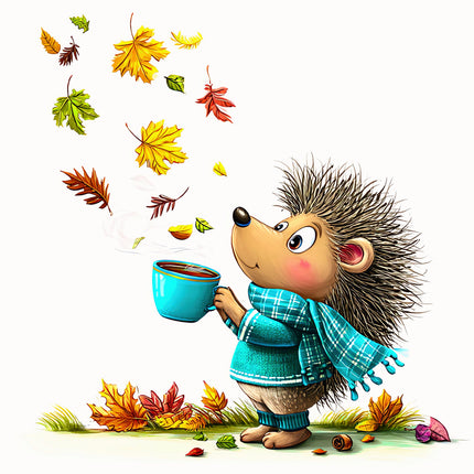 Illustration of a hedgehog in an autumn setting with colorful leaves and a cup fabric panel