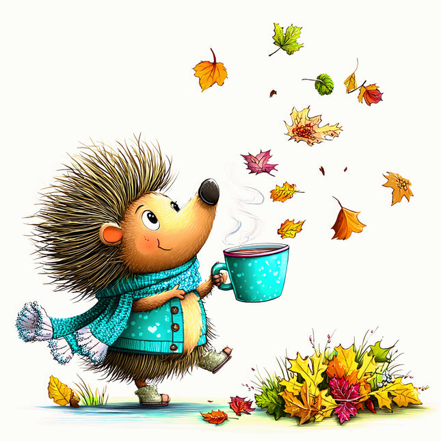 Illustration of a hedgehog in a blue sweater holding a mug with autumn leaves falling around fabric 