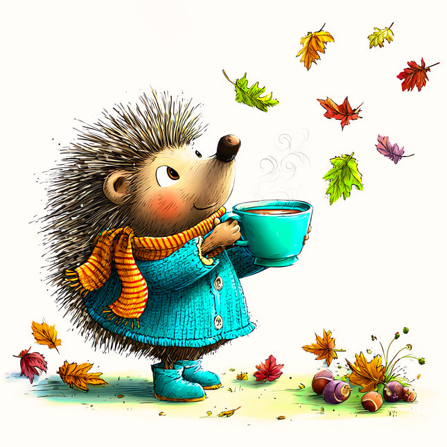 Fall Autumn Hedgehog 100% Cotton Fabric Panel Block EE2334