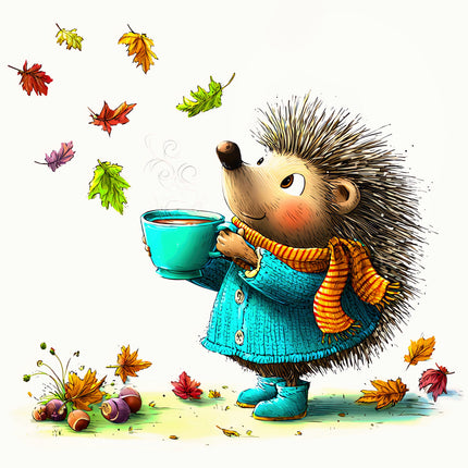 Illustration of a hedgehog in a blue coat holding a teal mug with autumn leaves around fabric