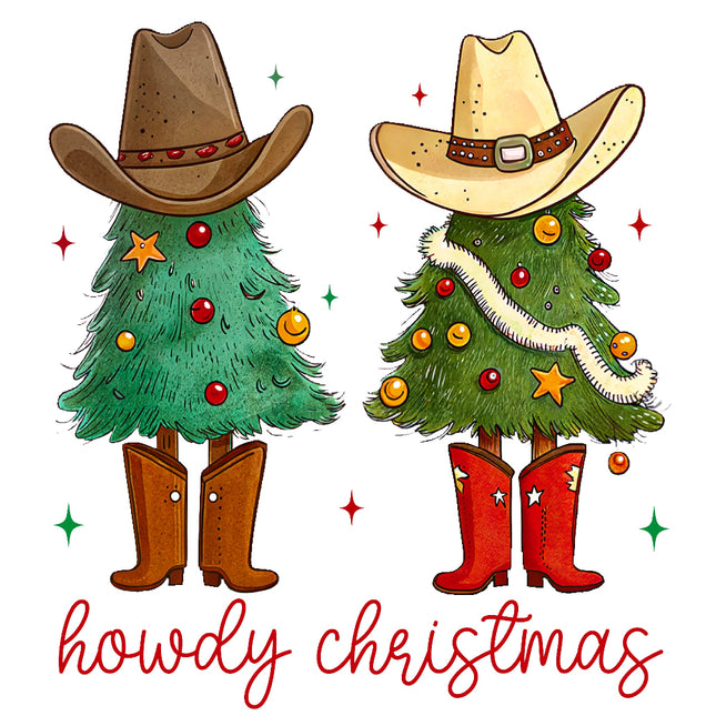 Two Christmas trees with cowboy hats and boots, decorated with ornaments and stars, on a white background with 'howdy christmas' text.