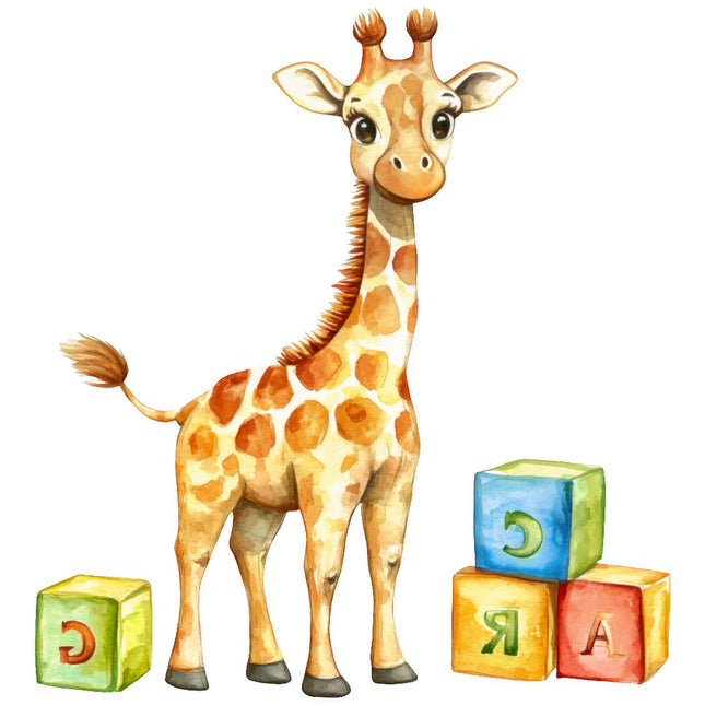 Illustration of a giraffe standing next to colorful blocks with letters on a white background fabric panel