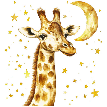 Illustration of a giraffe with a crescent moon and stars on a white background fabric panel