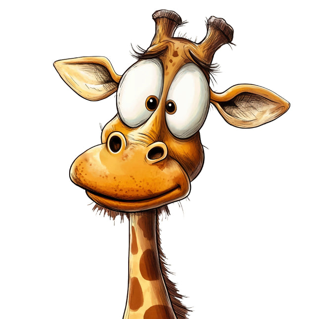 Cartoon giraffe face with a surprised expression on a white background fabric block