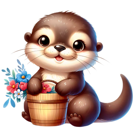 Cartoon otter holding a bucket of flowers fabric panel