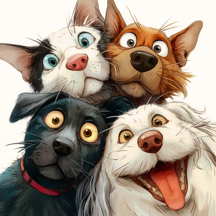 four dogs with exaggerated expressions fabric panel