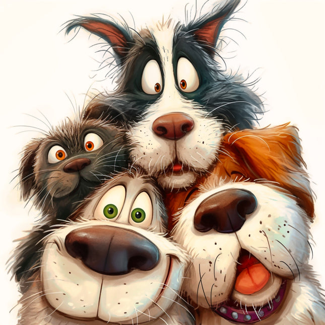 three cartoon dogs with expressive faces fabric panel