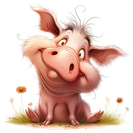 Cartoon pig sitting on grass with flowers fabric panel