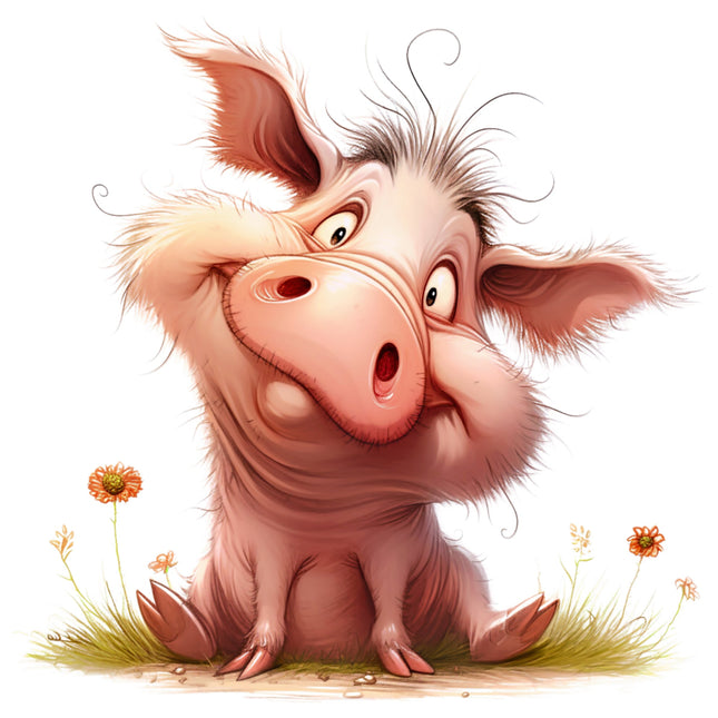 Cartoon pig sitting on grass with flowers fabric panel