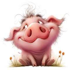 Cartoon pig with a happy expression sitting on grass with flowers fabric panel