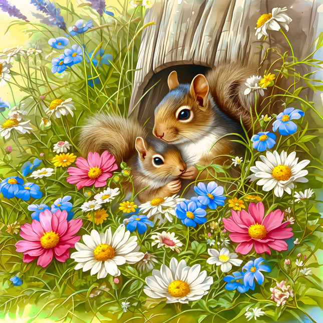 Two squirrels peeking out from a wooden log surrounded by colorful flowers in a garden setting fabric panel