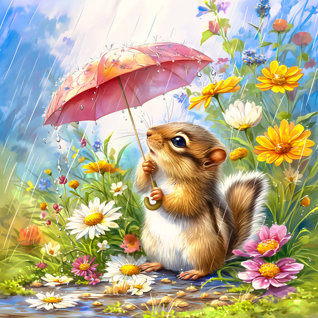 Squirrel holding a pink umbrella in a garden with flowers fabric panel