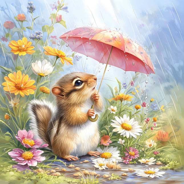 Squirrel holding a pink umbrella in a garden with flowers quilt panel