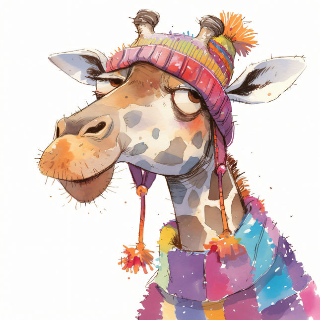 giraffe wearing a hat and scarf quilt panel