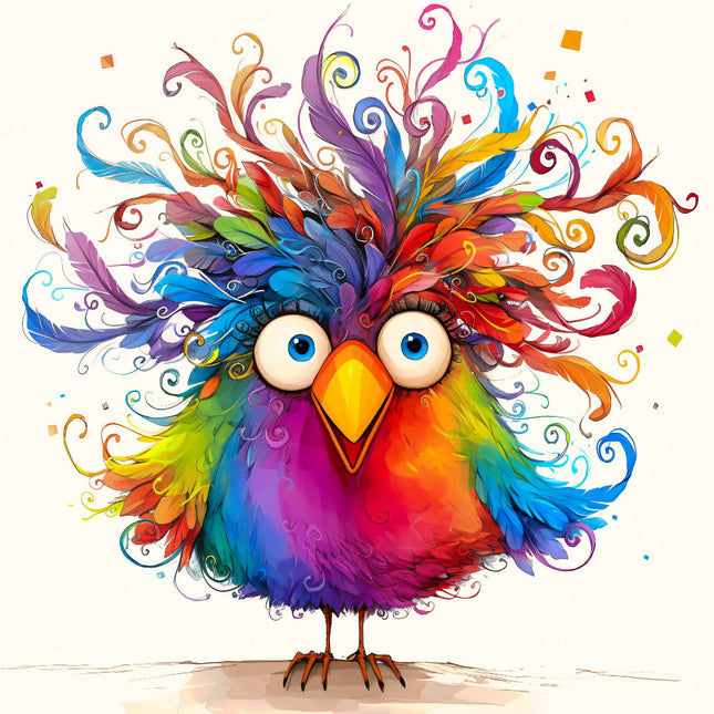 Colorful cartoon owl with swirling feathers fabric panel