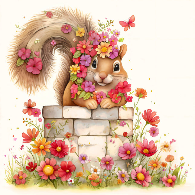 squirrel with flowers fabric panel