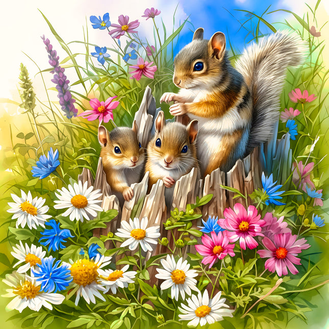 Three cartoon squirrels on a stump surrounded by colorful flowers and grass fabric panel