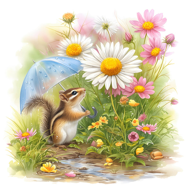 chipmunk holding an umbrella among flowers fabric panel