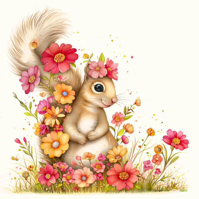 Floral Squirrel 100% Cotton Fabric Panel Block EE2914