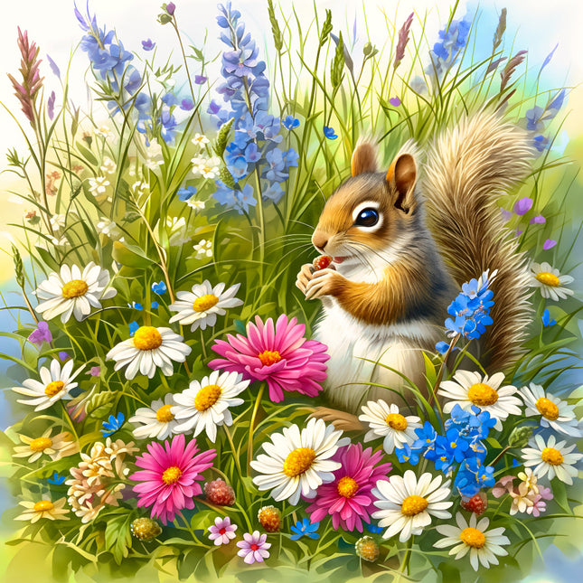 Squirrel sitting among colorful flowers in a lush garden fabric panel