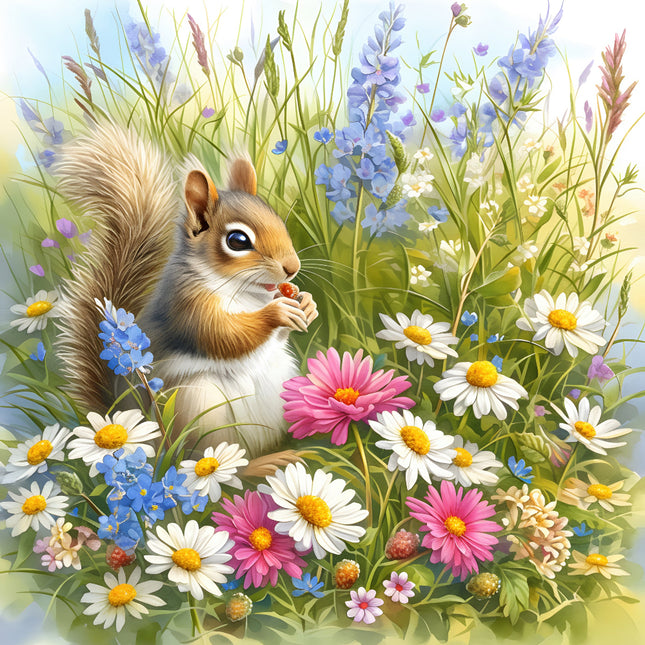 Squirrel among flowers in a lush garden fabric panel